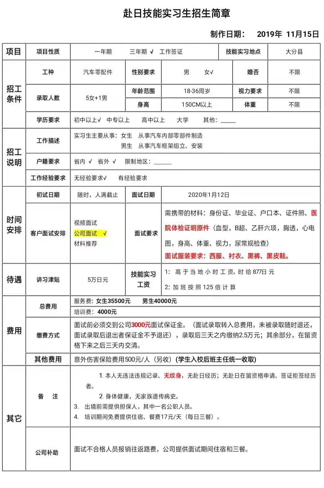 日本三年期女工电子、质检、加工类订单