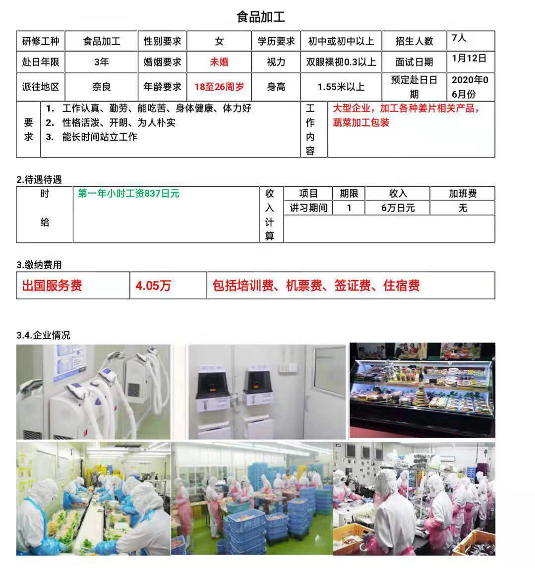 日本三年期女工食品加工类订单