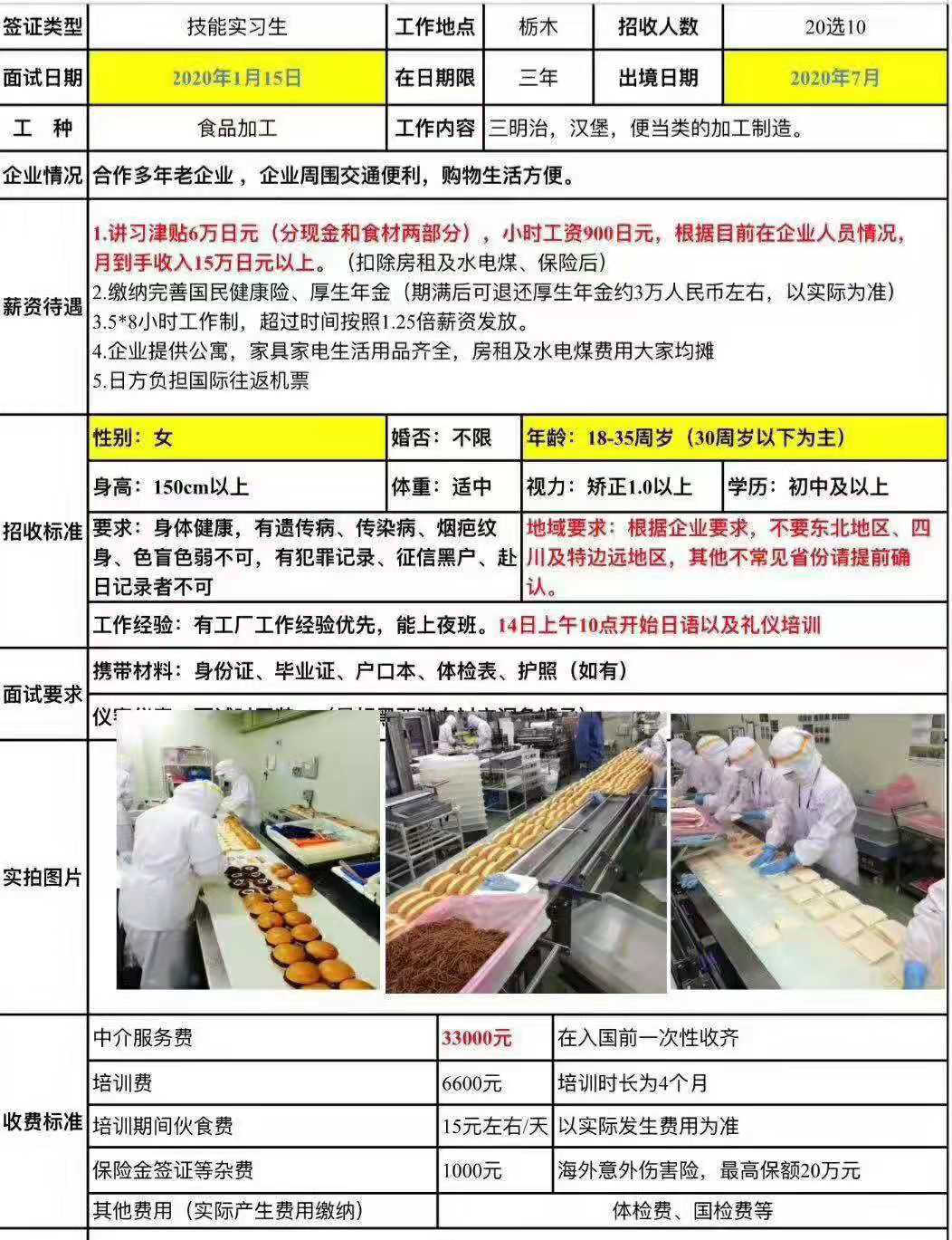 日本三年期女工食品加工类订单