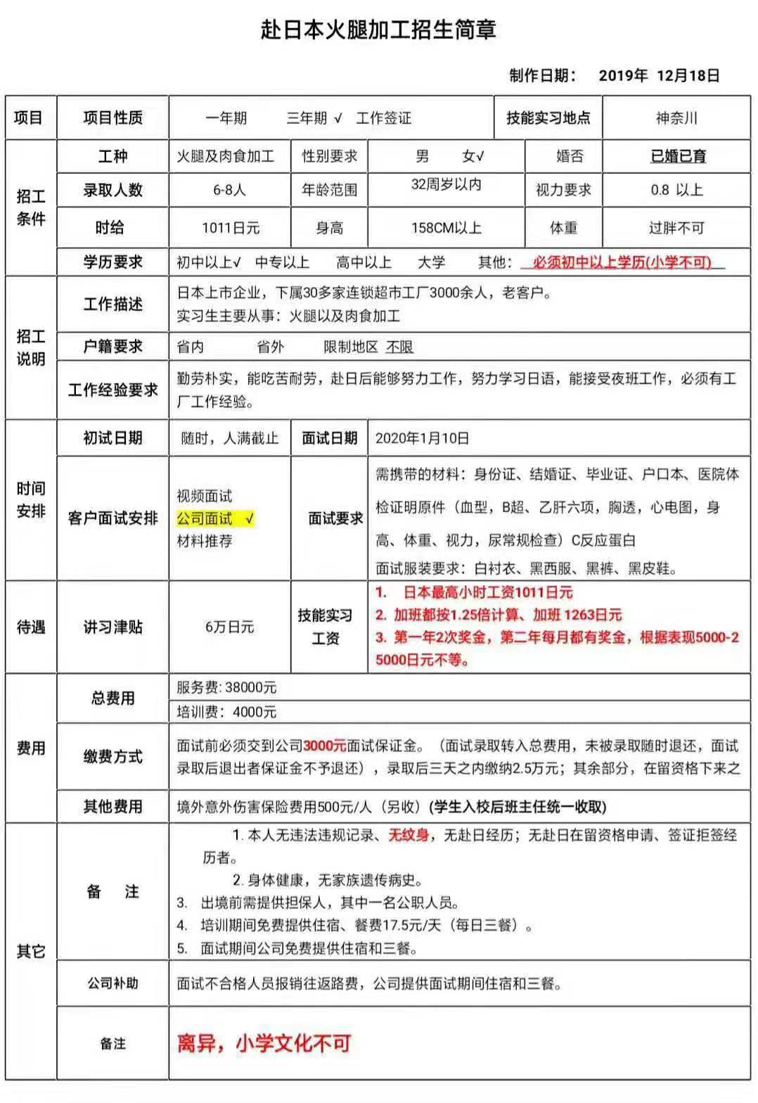 日本三年期女工食品加工类订单
