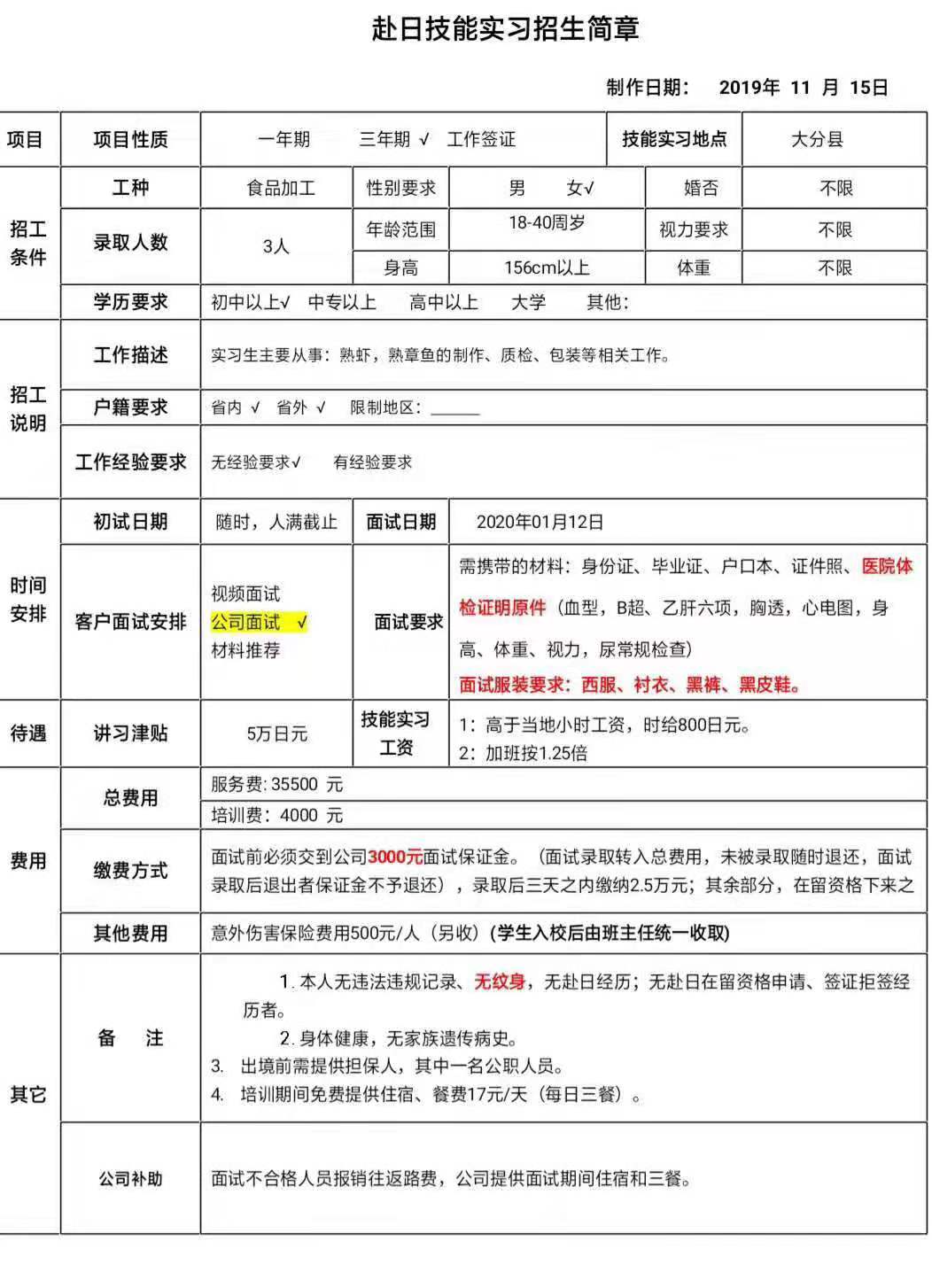 日本三年期女工食品加工类订单